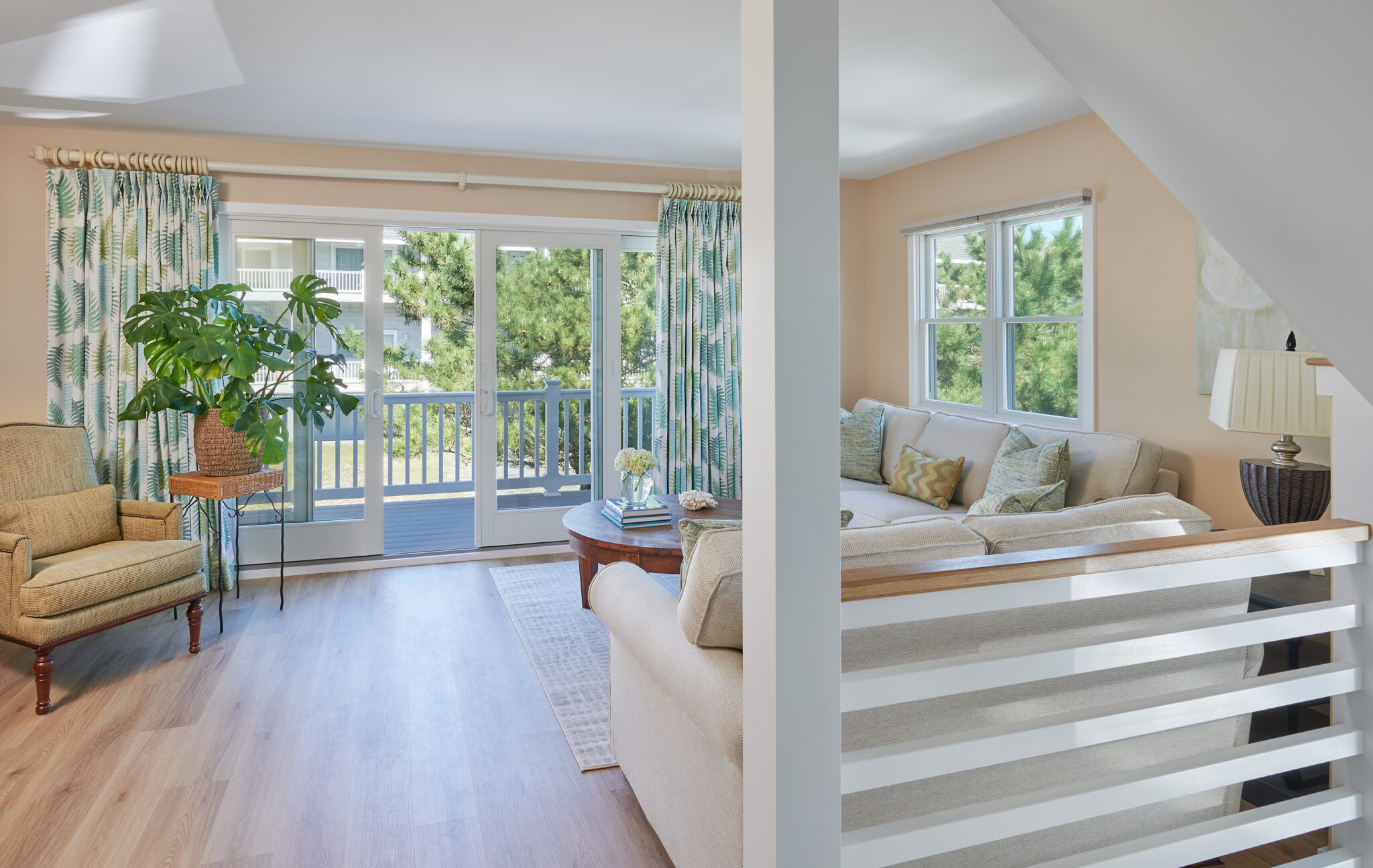 A bright and sunny family room with a coastal vibe